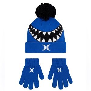 Boys 8-20 Hurley Sharkbait Winter Pom Beanie Hat & Gloves Set, Blue NEW
